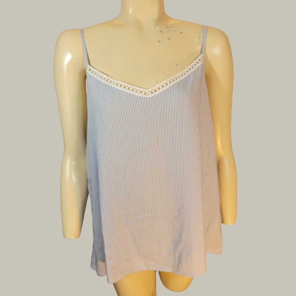 SO Lace Trim Tank Top Coastal Minimalist Summer Cami Blue White Stripe XL